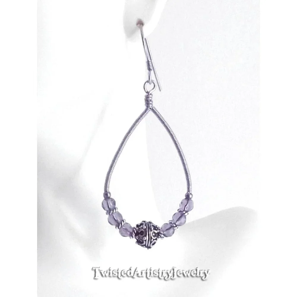Amethyst Titanium Wire Wrapped Teardrop Hoop Earrings - Picture 2 of 3